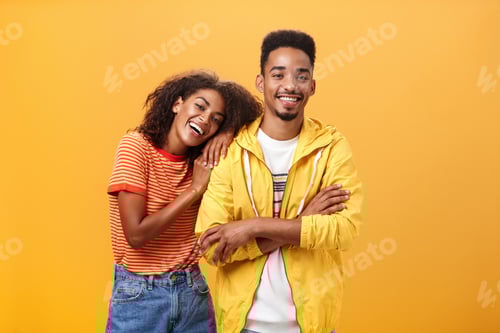 Awesome when boyfriend is best friend. Portrait of charming friendly african american woman leaning