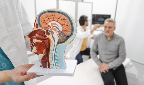 Preview: Sonographer examines brain of elderly man by placing ultrasound transducer on patient's head with