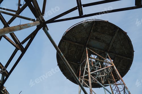 Preview: Geometric view from the rooftop on the blue sky and old metal constructions.