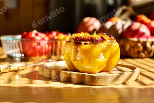 Preview: Halloween food idea. Stuffed colorful bell peppers with ricotta cheese for Halloween party.
