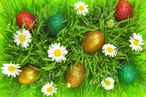 Preview: Easter background with grass, flowers and colorful glitter eggs