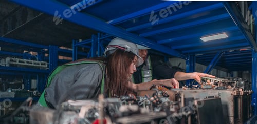 Preview: Engineers Inspecting Robotic Components in Warehouse