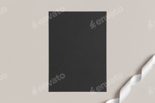 Preview: Invitation black card mockup with a satin tape on a beige background. 5x7 ratio, similar to A6, A5.