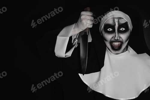 Preview: Scary devilish nun with knife on black background, space for text. Halloween party look