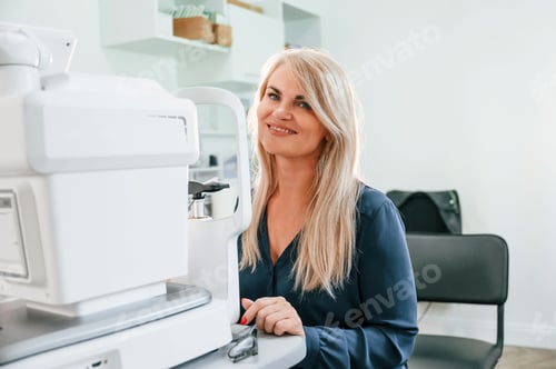 Preview: Woman is sitting in the clinic and checking her vision by special device
