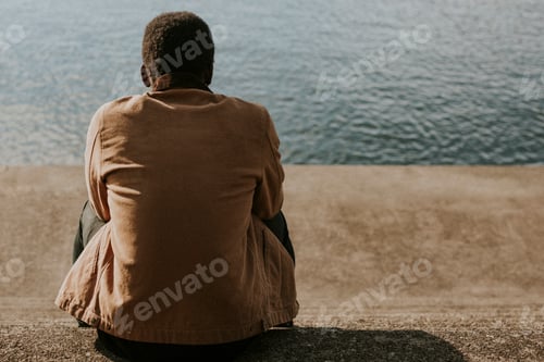 Preview: Brown jacket mockup back view by the lake