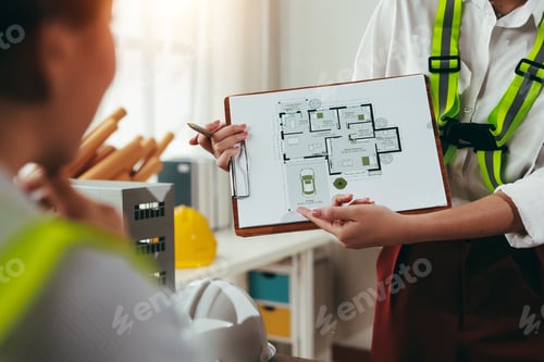 Preview: Architect showing blueprint to a colleague during a meeting