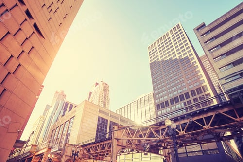 Preview: Vintage toned Chicago downtown at sunset, USA.