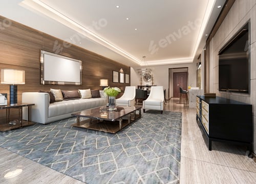 Preview: 3d rendering modern dining room and living room with luxury decor