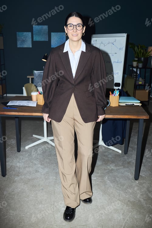 Preview: Vertical Portrait of Young Businesswoman Standing Confidently in Office