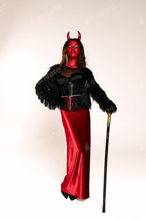 Preview: Striking woman in a devil costume showcasing creativity and spirit during Halloween festivities
