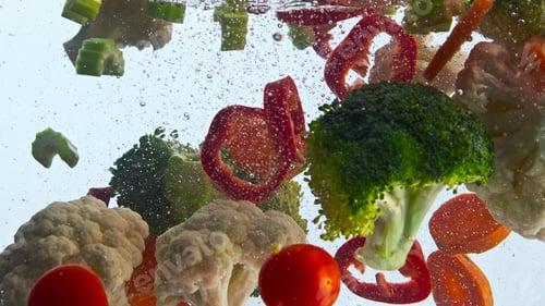 Preview: Closeup fresh veggies water floating in super slow motion. Organic vegetables.