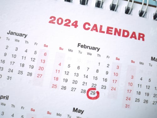 Preview: Calendar with marking in red ink of leap day, 29 february.