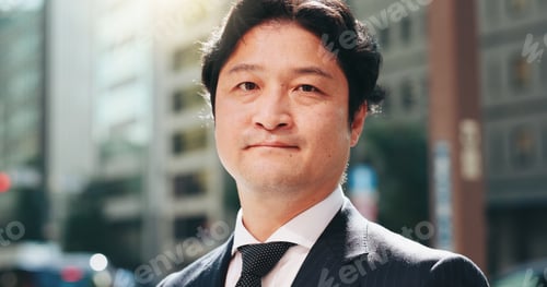 Preview: Businessman, portrait and face in city for travel, morning commute or career pride in Tokyo. Mature