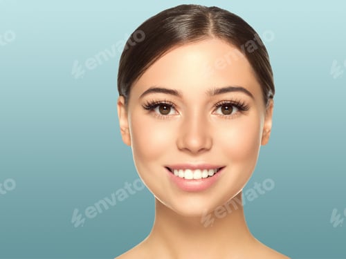 Preview: Woman face beauty healthy skin natural makeup beautiful female blue background