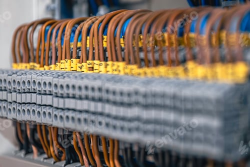 Preview: Electrical panel with fuses and contactors, close-up.
