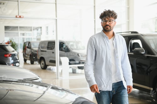 Preview: Customer choosing new car in dealership showroom