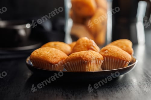 Preview: Magdalenas the typical spanish plain muffins on plate on black table.