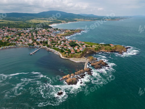 Preview: Aerial view of the small coastal town of Ahtopol on the Black Sea coast in Bulgaria, showcasing its