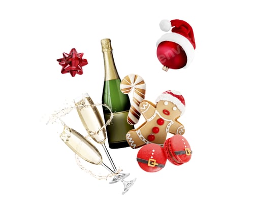 Preview: New Year celebration. Different festive stuff in air on white background