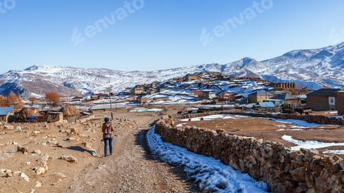 Preview: Tourist on a dirt road in Gryz village, Azerbaijan
