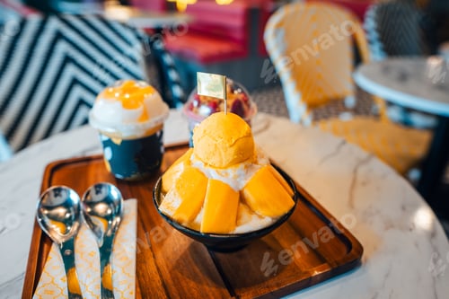 Preview: Mango ice cream in a cup at a seaside cafe