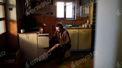 Preview: Poor mature man putting firewood in the stove indoors at home, poverty concept