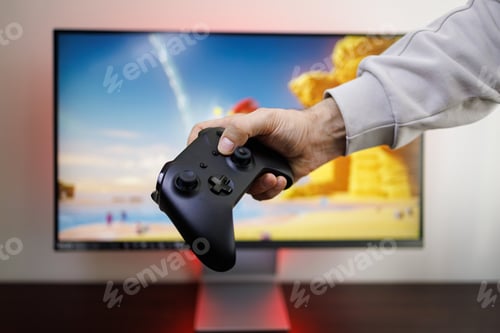 Preview: A black gamepad in the hands of a man. Video game gamepad in hand