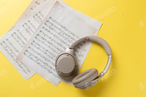 Preview: a grey headphones on the music notes paper sheet
