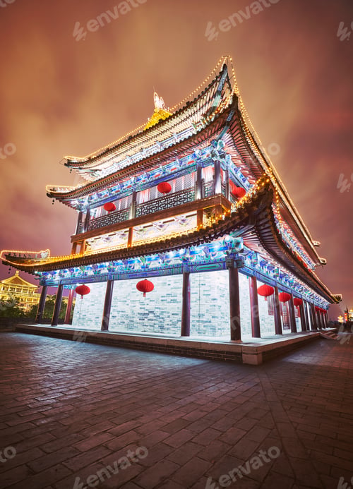Preview: Xian city wall ancient building at night, China.