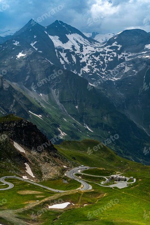Preview: Grossglockner in Austria. Alpine Mountains Dramatic Landscape and Curvy Winding Road at Summer.