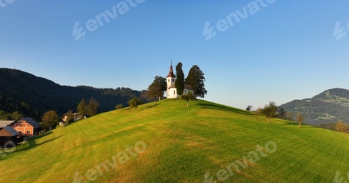 Preview: Aerial view of St. Thomas Church or Cerkev Sveti Tomaz, Skofja Loka, Slovenia
