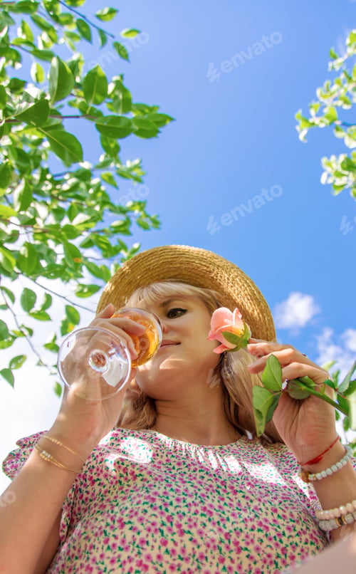 Preview: Wine flowers picnic in the garden woman. Selective focus.