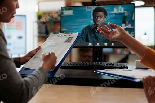 Preview: Manager women working at hiring application discussing curriculum vitae