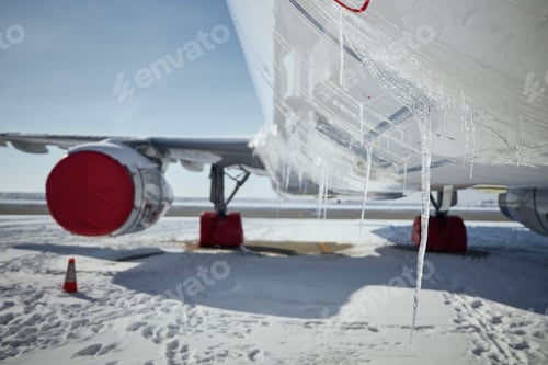 Preview: Grounded plane at snowy airport in frosty day