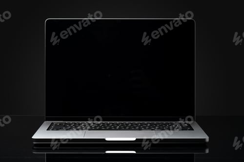 Preview: Open laptop with black screen against black background