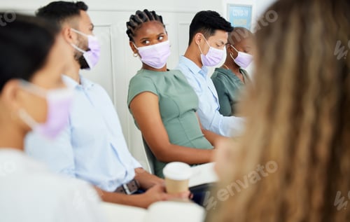 Preview: Covid, mask and workshop with business people in a conference or presentation for training, learnin