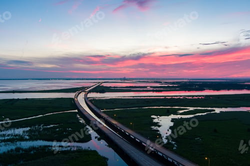 Preview: Aerial view of Mobile Bay at sunset
