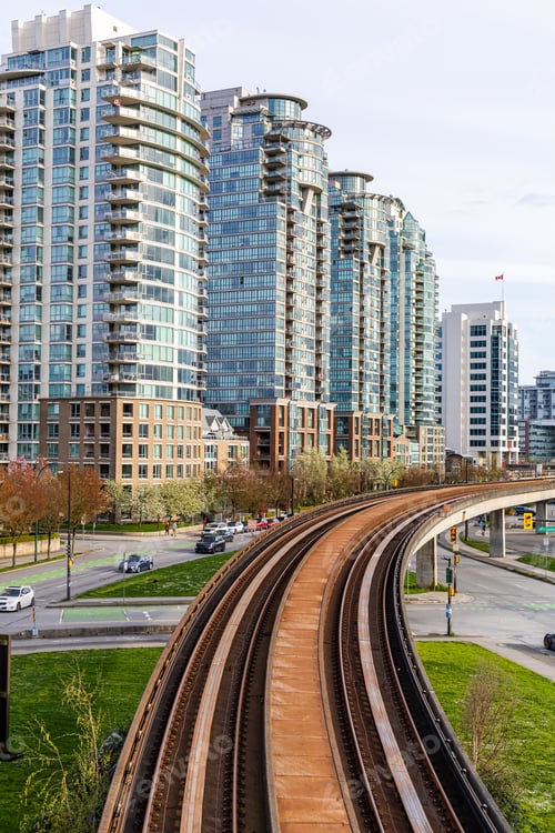 Preview: Modern Urban Scene with Elevated Railway in Downtown Vancouver, BC, Canada