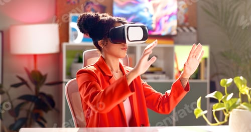 Preview: Woman, vr and gamer with virtual interaction for futuristic experience, interface or ai technology