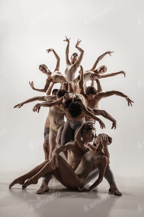 Preview: The group of modern ballet dancers. Contemporary art ballet. Young flexible athletic men and women