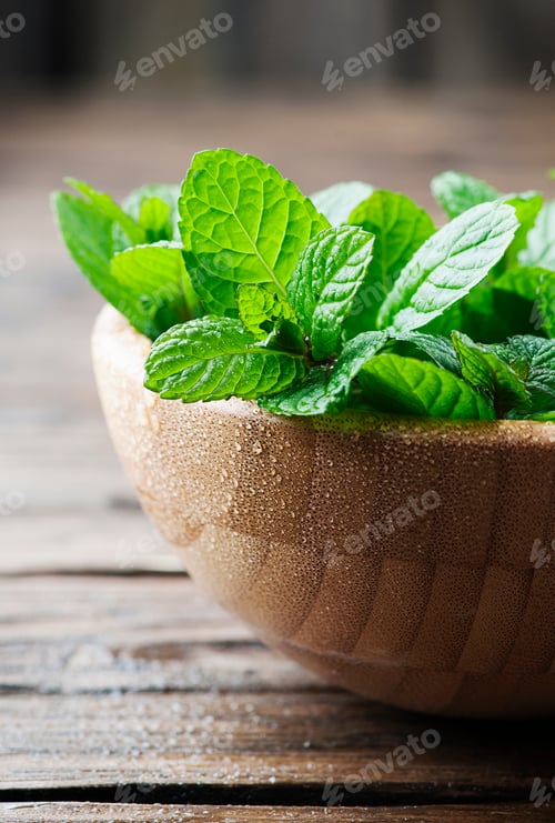 Preview: Green fresh mint om the wooden table