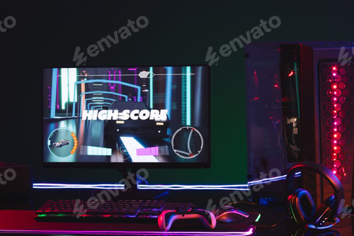 Preview: Composite of computer with video game accessories with copy space on neon background