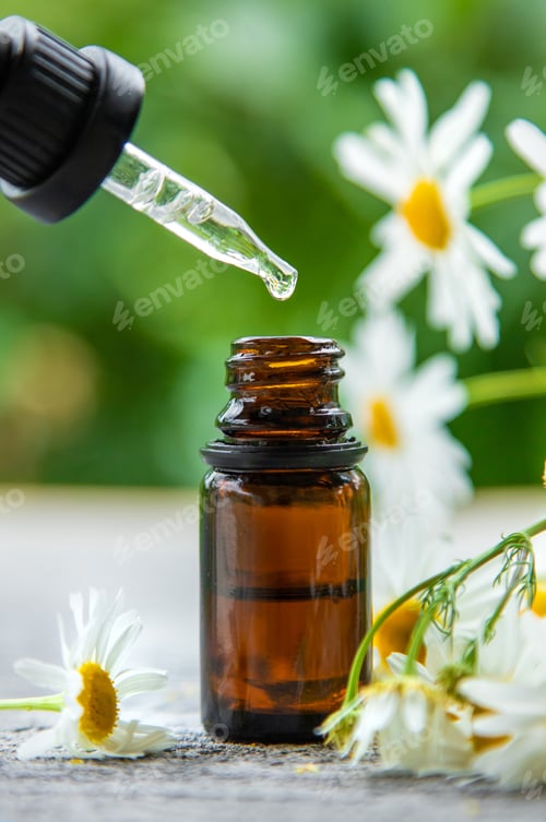 Preview: Essential oil extract of medicinal chamomile. Selective focus.