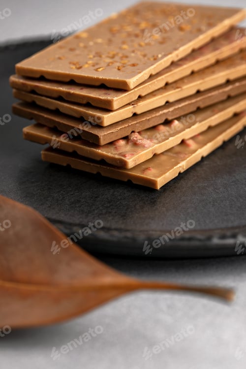Preview: white chocolate bars stacked over each other on plate. copy space text area