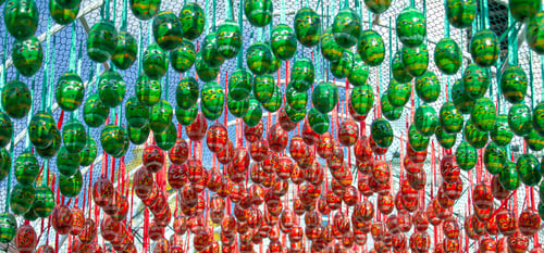Preview: Green and red Easter eggs. Banner decor Easter background. Egg on a string.