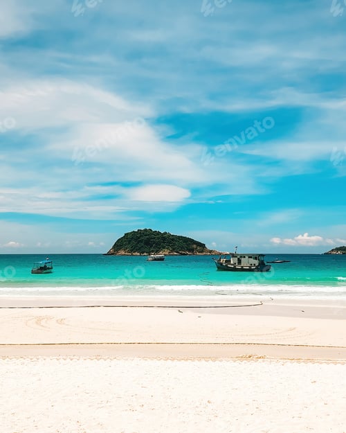Preview: Boats, turquoise water and white sand beach, Redang Island, Malaysia
