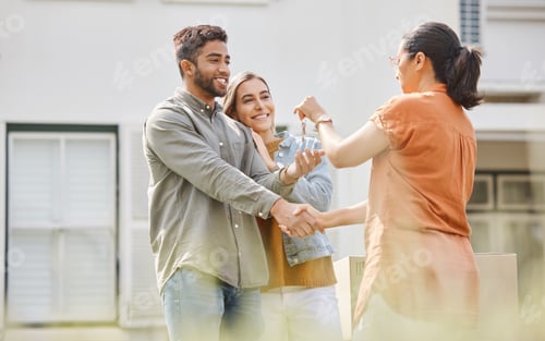Preview: House key, realtor woman and handshake with couple outdoor as congratulations, thank you or sale. E