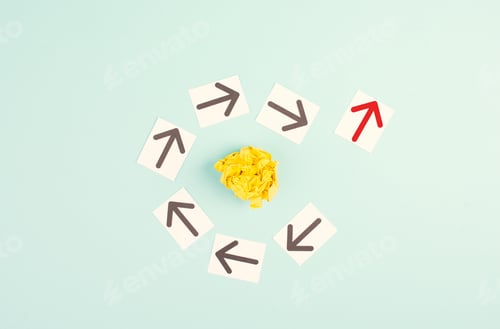 Preview: Many black arrows, one red is standing out, do different, be a winner, individuality