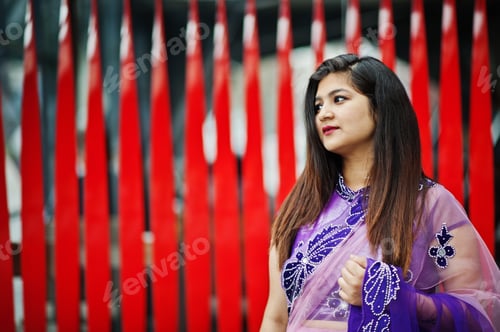 Preview: Indian hindu girl at traditional violet saree